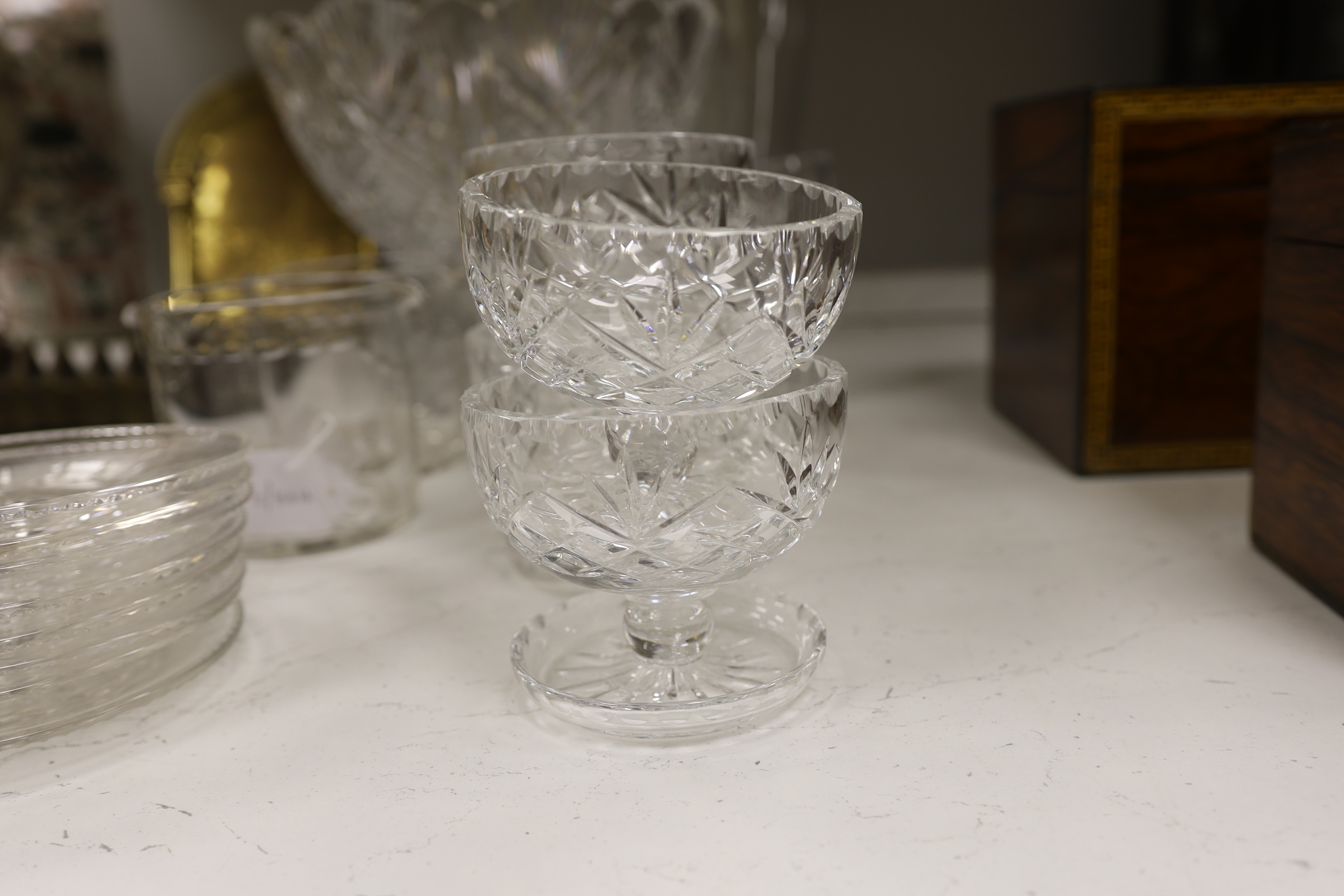 A pair of JG Durand vases, eight sundae glasses and plates, a pedestal bowl and two rinsers